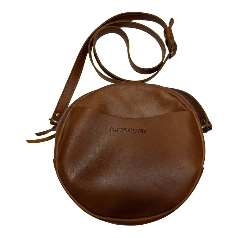 Portland Leather Brown Round Crossbody Bag Shoulderbag Purse W/Adjustable Strap